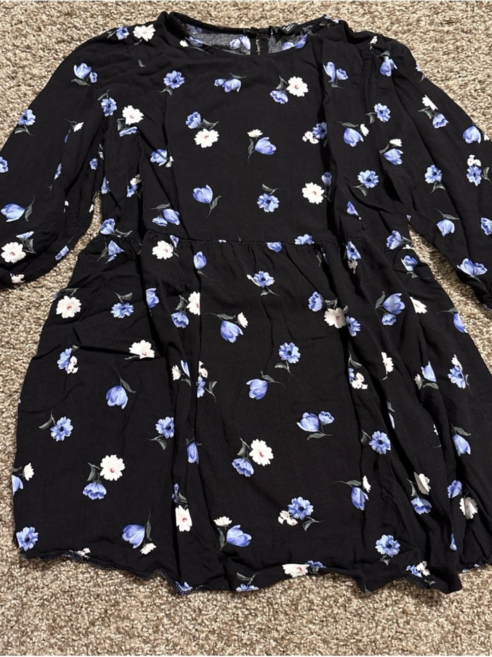 Black Floral Maternity Top with Blue and White Blooms